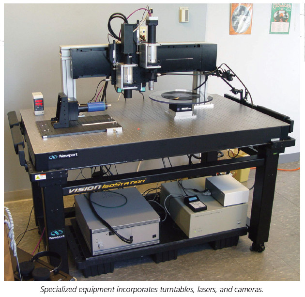 Specialized equipment incorporates turntables, lasers, and cameras.