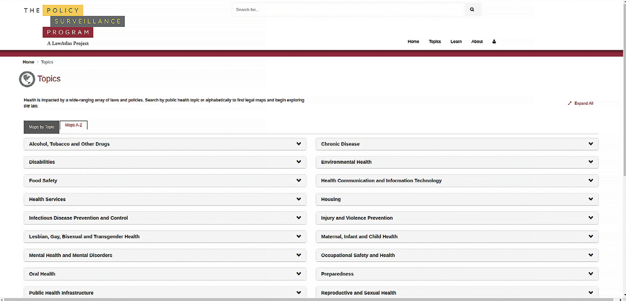 The topic page for LawAtlas’ collection of maps covers many public health laws and policies.