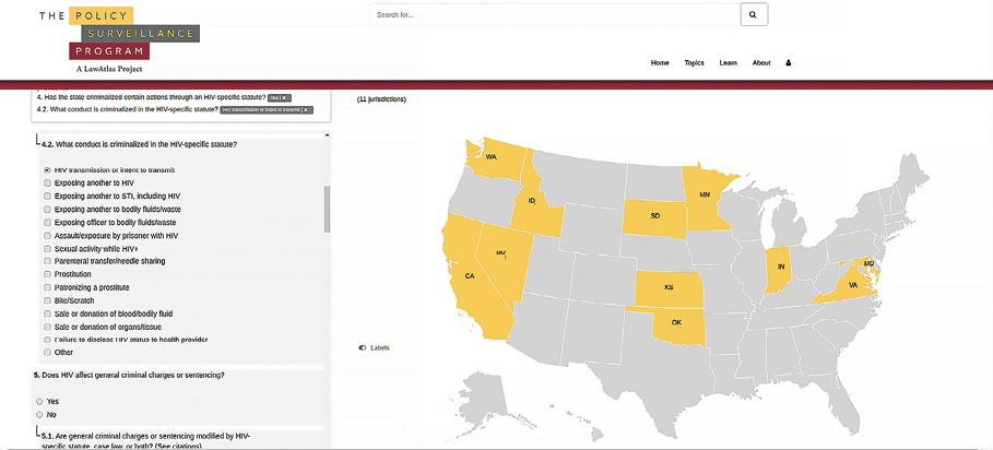 This LawAtlas map lets you click on a state to determine which states have criminalized certain actions by HIV-positive individuals.