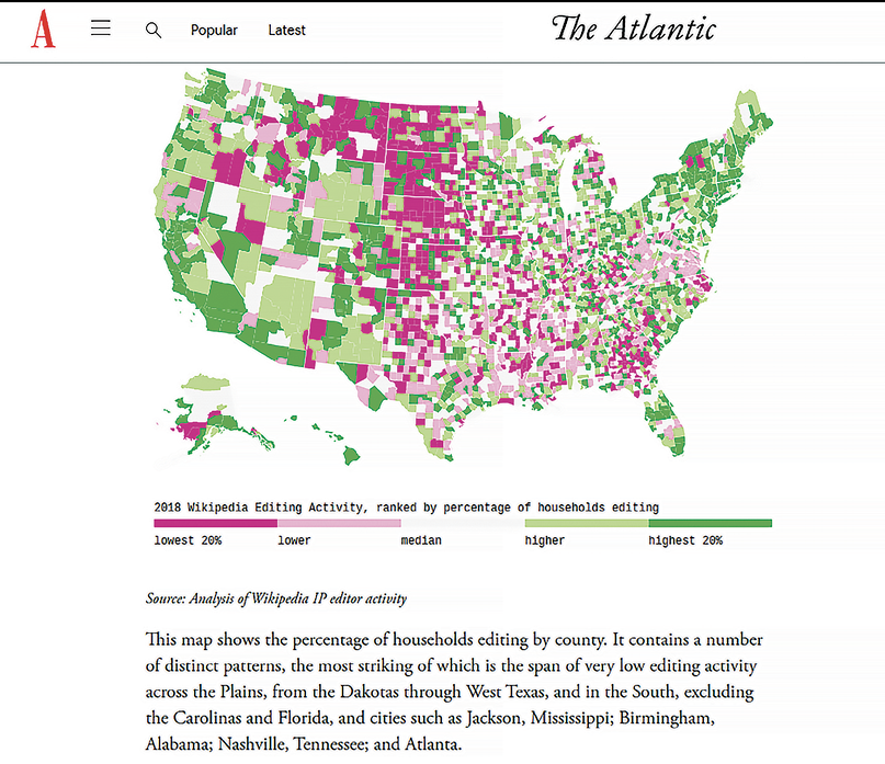 The Atlantic published a map showing Wikipedia editing activity.