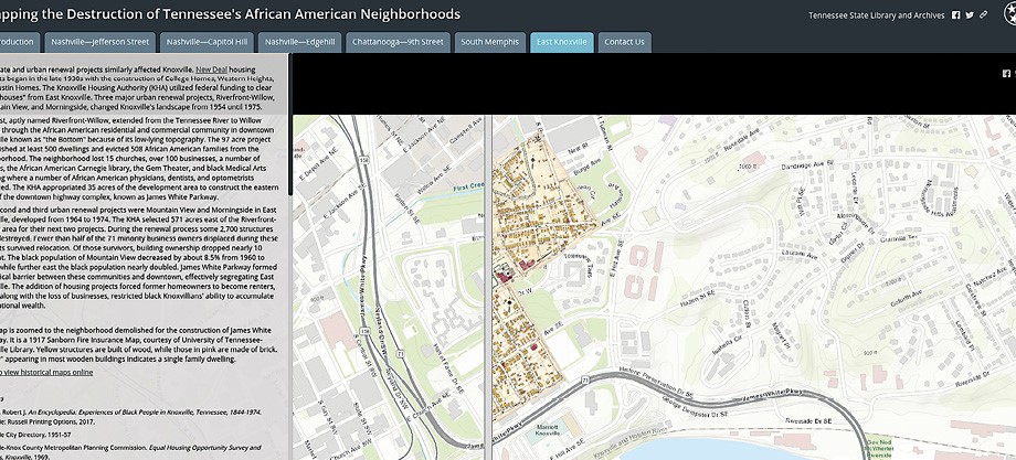 The Tennessee State Library and Archives developed a set of maps that highlight the destruction of African American neighborhoods.