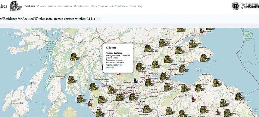 The map of accused witches in Scotland uses icons to represent specific accusations. 