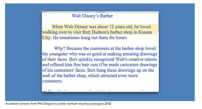 A sample screen from Phil Shapiro's public domain reading passages DVD