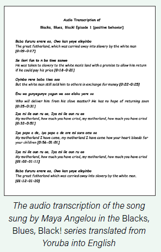 The audio transcription of the song sung by Maya Angelou in the Blacks, Blues, Black! series translated from Yoruba into English