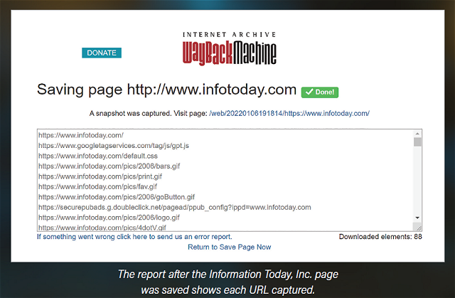 The report after the Information Today, Inc. page was saved shows each URL captured.