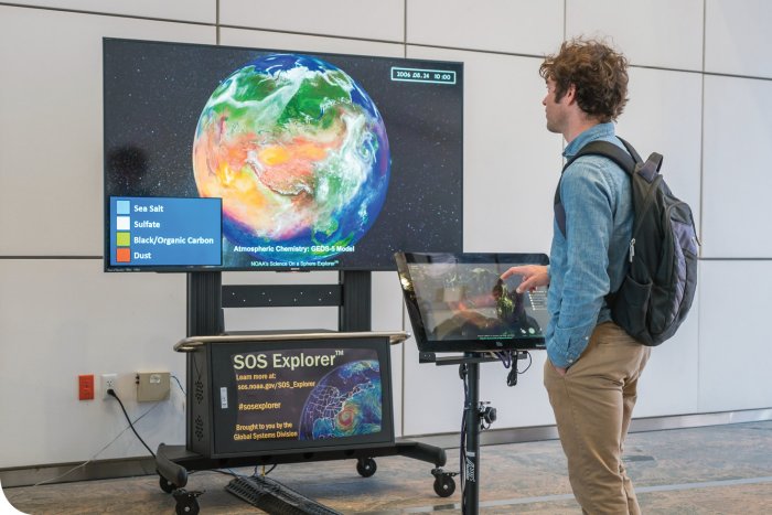The SOS Explorer Exhibit can be set up in several configurations, including this one that has a touchscreen display for user interaction and a larger display for easy viewing.