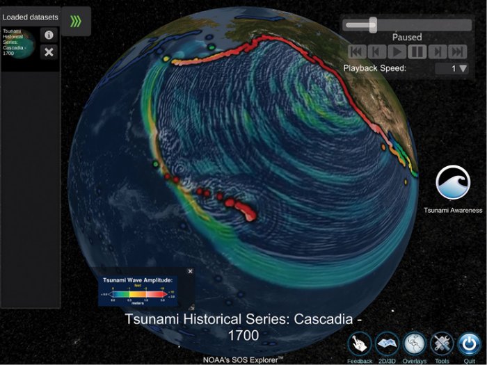 A view from the SOS Explorer Mobile app of the Tsunami Historical Series: Cascadia 1700 dataset. It shows the wave height and propagation from the tsunami that struck the Pacific Northwest in 1700.