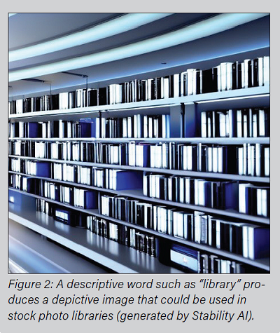 Figure 2: A descriptive word such as “library” produces a depictive image that could be used in stock photo libraries (generated by Stability AI).