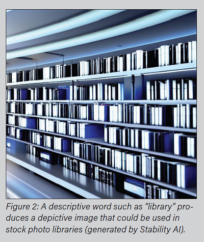 Figure 2: A descriptive word such as “library” produces a depictive image that could be used in stock photo libraries (generated by Stability AI). Figure 2: A descriptive word such as “library” produces a depictive image that could be used in stock photo libraries (generated by Stability AI).