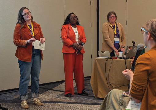 Presenters who insisted that marketing communications workers have a seat at the table (left to right: Claire Huber, Kiosha Boyles, Stacy Opitz) take a question from an audience member.
