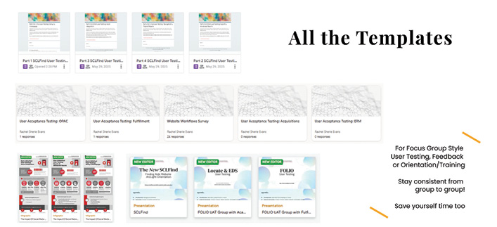 The variety of templates for user testing groups in Google Forms, Microsoft Forms, infographics from Piktochart, and slide decks