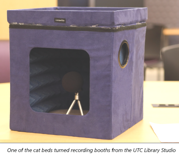 One of the cat beds turned recording booths from the UTC Library Studio