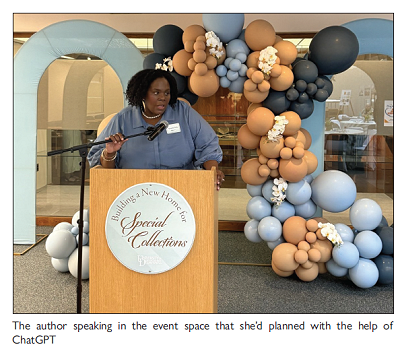 The author speaking in the event space that she'd planned with the help of ChatGPT