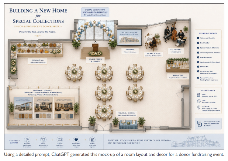 Using a detailed prompt, ChatGPT generated this mock-up of a room layout and decor for a donor fundraising event.