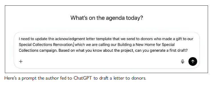 Here's a prompt the author fed to ChatGPT to draft a letter to donors.