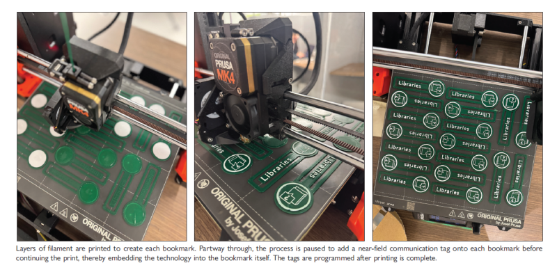 Three photos displaying the printing process of the bookmarks using a PRUSA MK4 3D printer. The first photo features the printer printing filament on top of the placed near-field communication tags. The second photo features white filament printed on top of the green layers for the finer details. The third photo features a full plate of completed 3D printed-bookmarks.