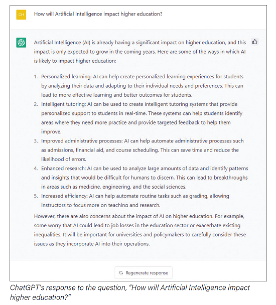 ChatGPT’s response to the question, 'How will Artificial Intelligence impact higher education?' (click for larger image)