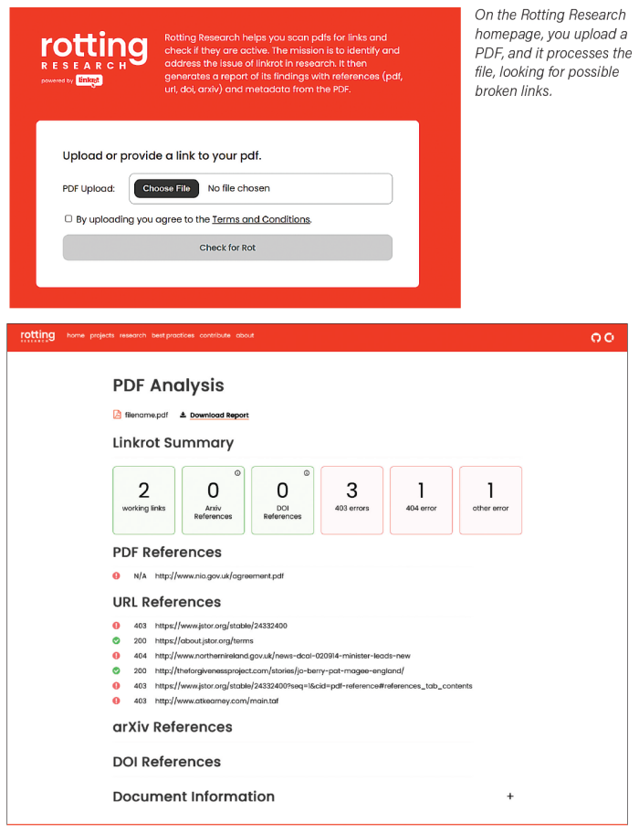 On the Rotting Research homepage, you upload a PDF, and it processes the file, looking for possible broken links.