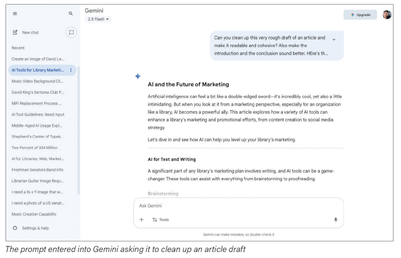 The prompt entered into Gemini asking it to clean up an article draft