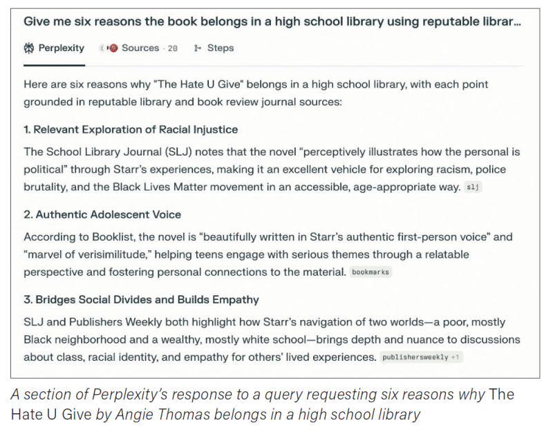 A section of Perplexity’s response to a query requesting six reasons why The Hate U Give by Angie Thomas belongs in a high school library