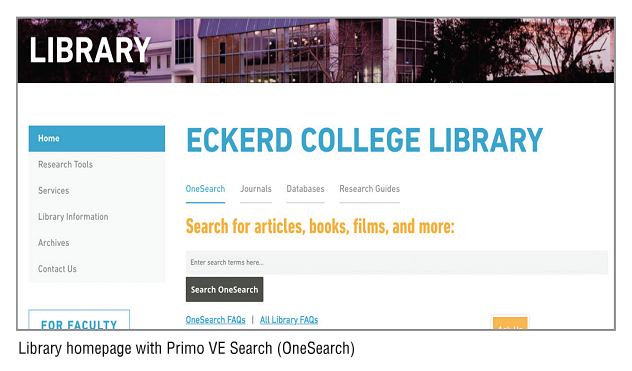 Library homepage with Primo VE Search (OneSearch)