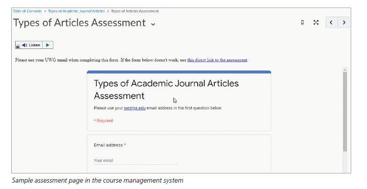 Sample assessment page in the course management system