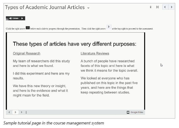 Sample tutorial page in the course management system