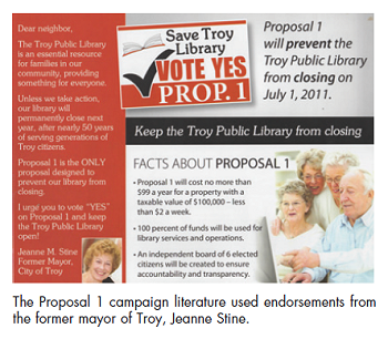 The Proposal 1 campaign literature used endorsements from the former mayor of Troy, Jeanne Stine.