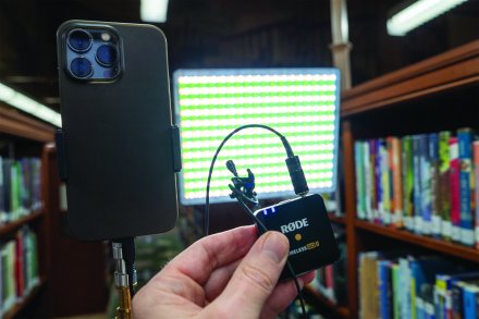 The simple setup of a phone on a tripod, a wireless microphone, and an LED light