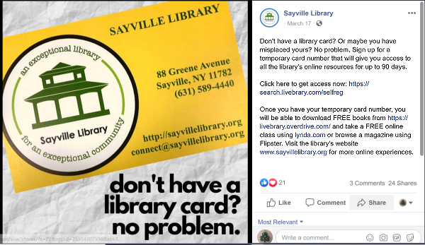 Sayville Library made a perfect Facebook post explaining the benefits of its temporary library cards.