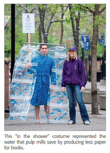 This 'in the shower' costume represented the water that pulp mills save by producing less paper for books.