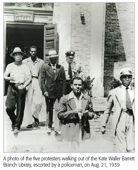A photo of the five protesters walking out of the Kate Waller Barrett Branch Library, escorted by a policeman, on Aug. 21, 1939