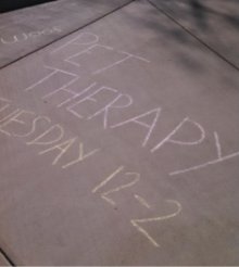 Sidewalk chalk outside Andersen Library announces the therapy dogs’ impending arrival. Sidewalk chalk outside Andersen Library announces the therapy dogs’ impending arrival.