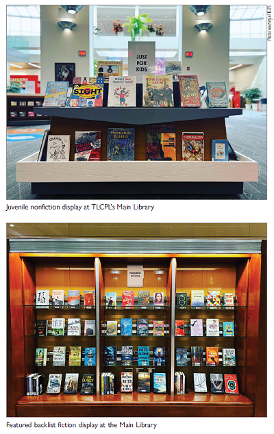 TOP - Juvenile nonfiction display at TLCPL’s Main Library; BOTTOM - Featured backlist fiction display at the Main Library (photos courtesy of TLCPL)